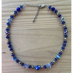 VTG Artisan Beaded‎ Necklace 19" Cobalt Blue Art Glass 925 Sterling Silver 29.4g